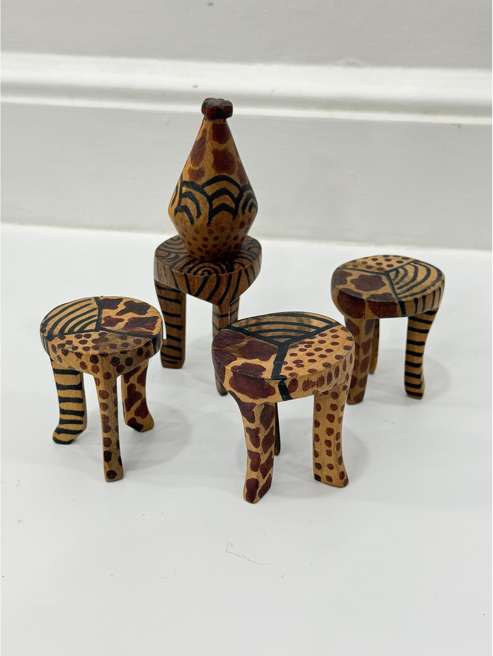 Vintage Mahogany Hand carved wooden African Chairs and vase set of 5